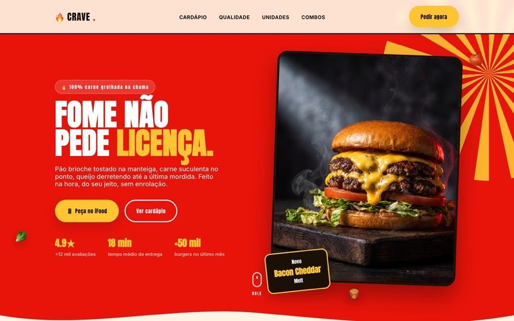 Landing page da hamburgueria CRAVE, fundo vermelho com foto de hambúrguer e botão Peça no iFood
