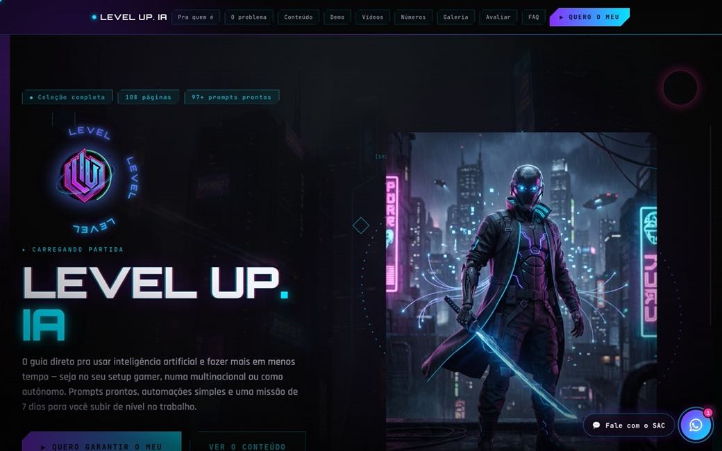 Página de vendas do produto LEVEL UP.IA, com visual cyberpunk em roxo e ciano