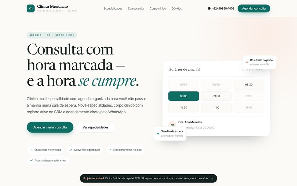 Conceito Clínica Meridiano, tema claro em verde e pêssego com cartão de horários