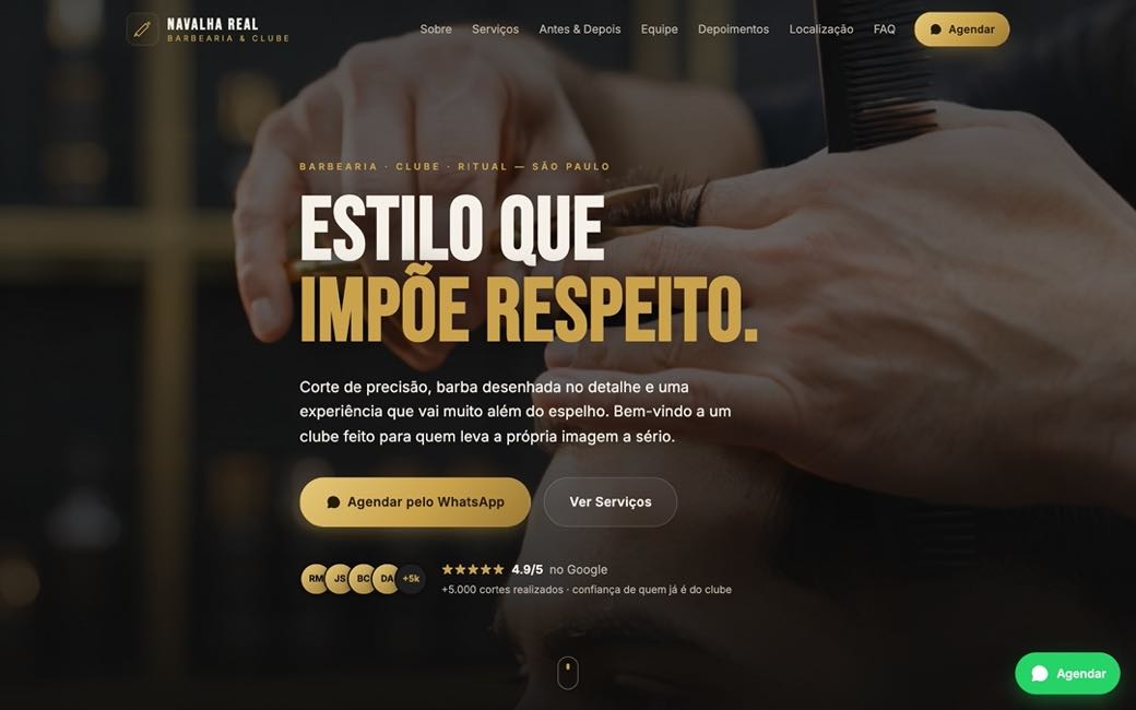 Landing da barbearia Navalha Real, preto e dourado, com foto de corte e botão Agendar pelo WhatsApp