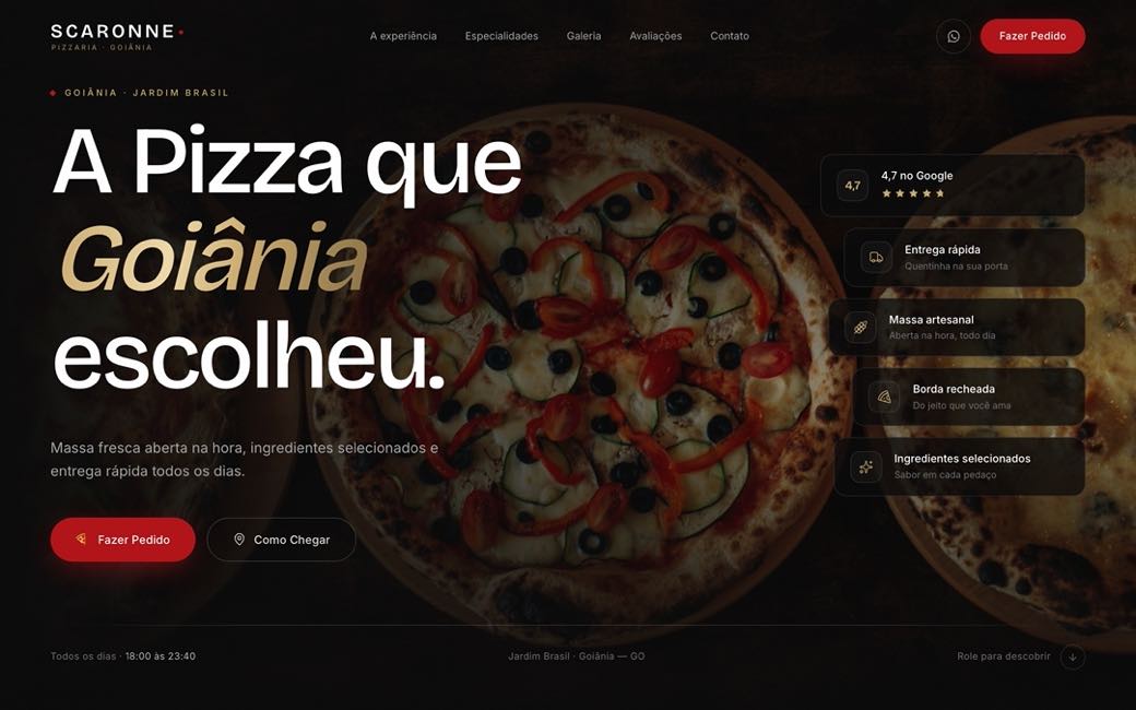 Página inicial do site da Scaronne Pizzaria, com foto de pizza e botão Fazer Pedido
