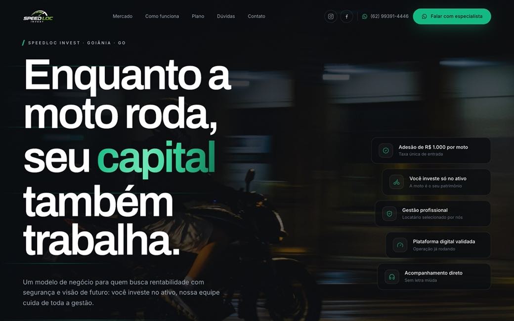 Página da SpeedLoc Invest, com moto em movimento e cards de vantagens do modelo de investimento